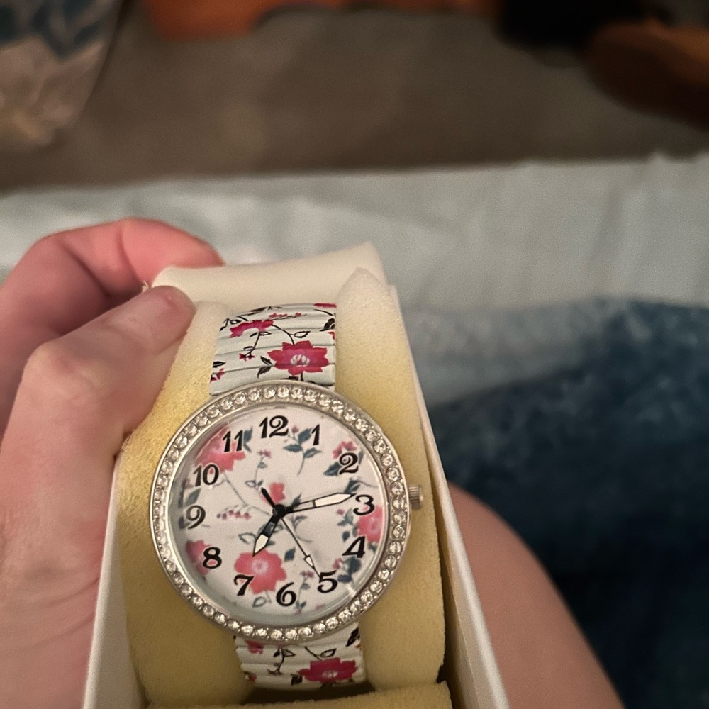 Floral Women's Watch with Rhinestone Bezel